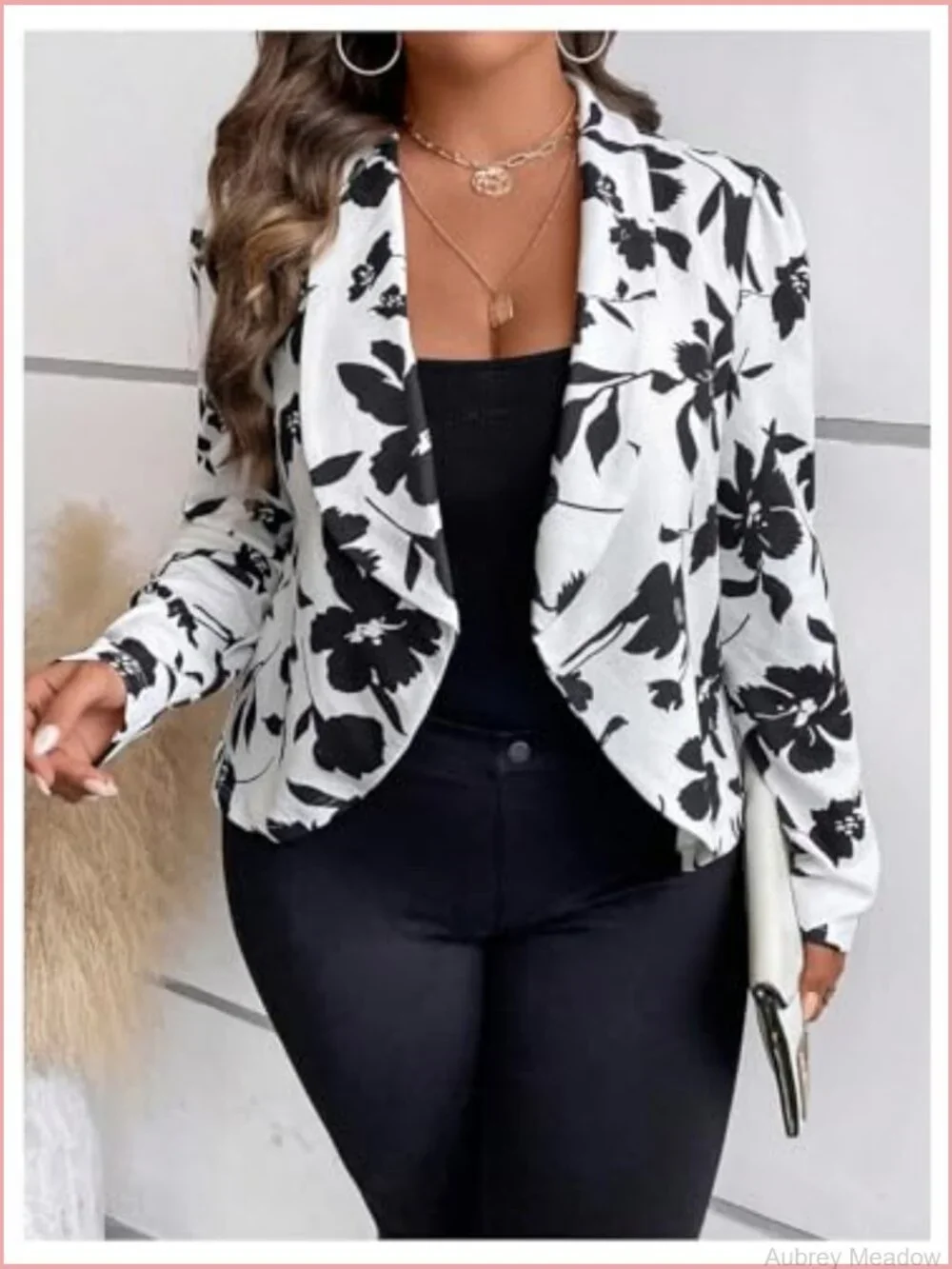 Plus Size Floral Print Blazer Shawl Collar Open Front Long Sleeve Jacket